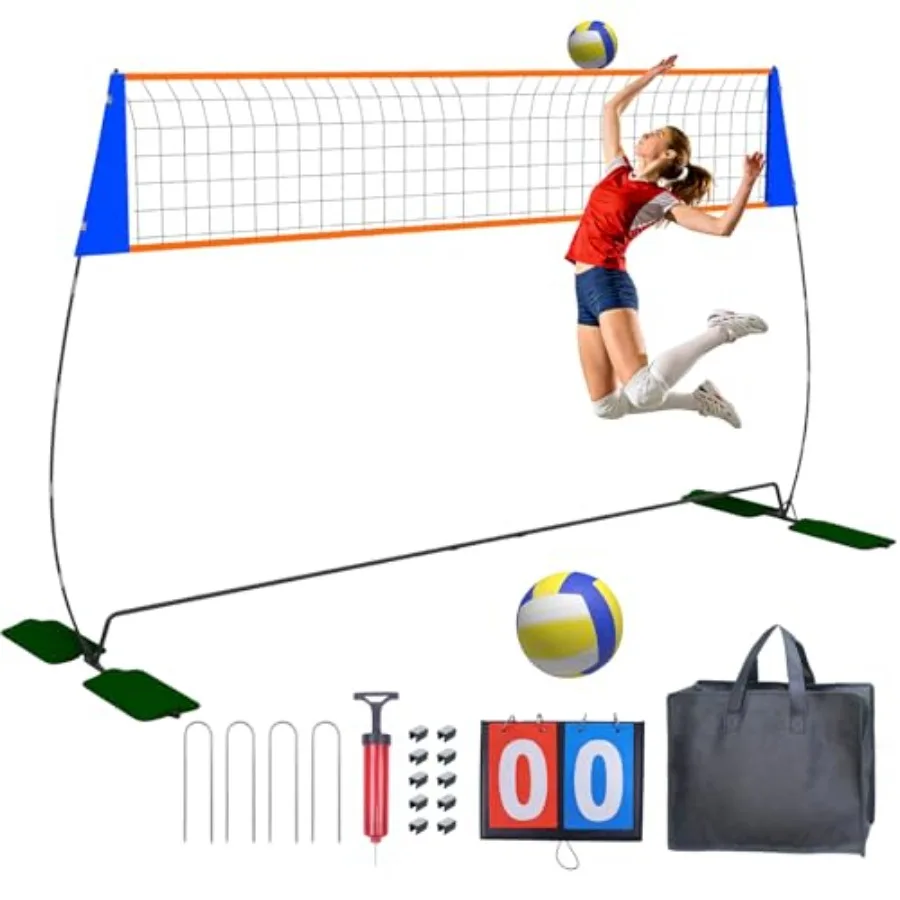 

Backyard portable volleyball net polyester mesh black widest 3.6ft base with 4 sandbags adjustable height 6-8FT for indoor outd