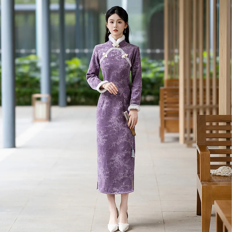 Purple Winter Clothing Chinese Style Long Style Cheongsam 2025 New Style Young Style Women's Retro Long Sleeved Qipao Dress