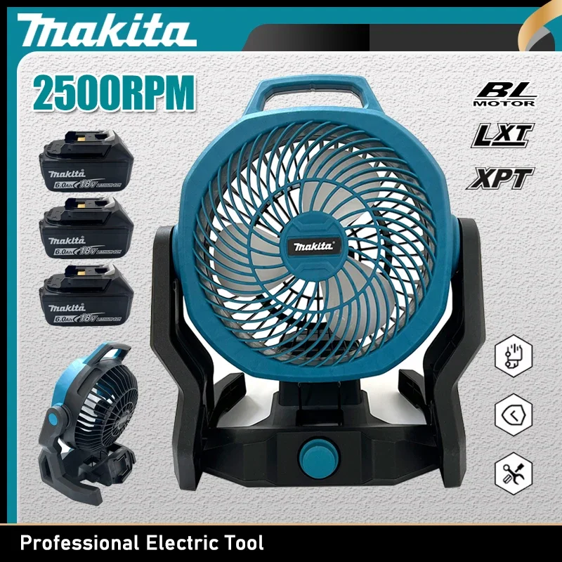

Makita Cordless Table Fan Portable Camping Fan 21V Multi Purpose Adjustable Head 3 Speed Setting Powered Desktop Floor Fan