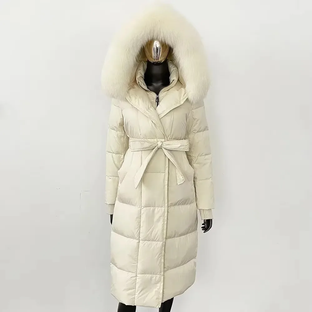 ลงเสื้อแจ็คเก็ตผู้หญิงฤดูหนาวขนสุนัขจิ้งจอกธรรมชาติจริงHoodedเข็มขัดที่ถอดออกได้สีขาวGoose Down CoatยาวสบายๆOverwears