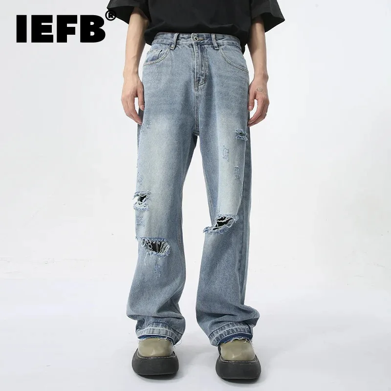 

IEFB Trendy Men's Straight Jeans Worn-out Hole Design Autumn New Streetwear American Style Wide Leg Denim Pants 2024 9C5979