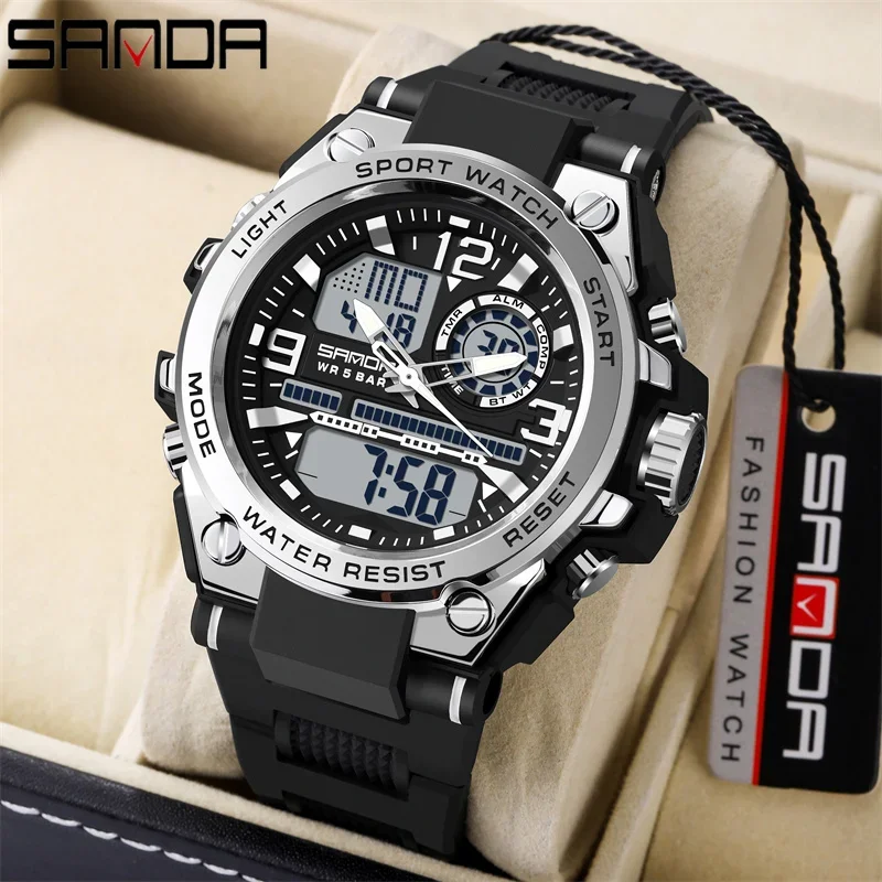 SANDA Digital LED Watch Men Military Sport Quartz Wristwatch Top Brand Luxury Stopwatch Waterproof Male Electronic Clock 6024