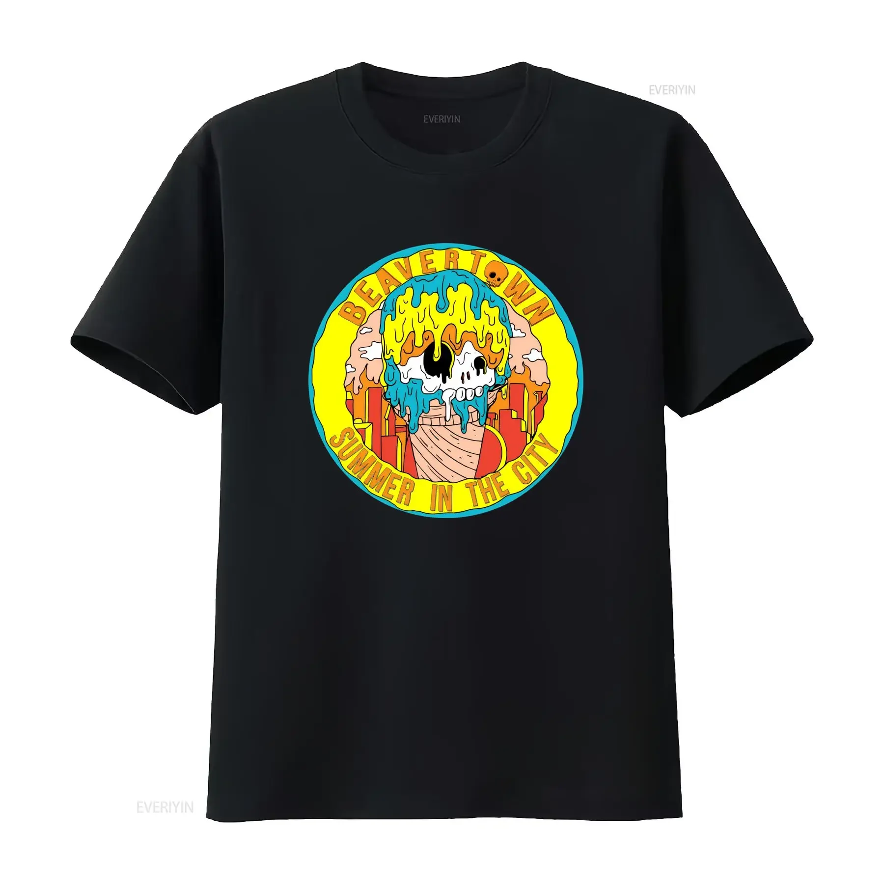 Streetwear Cartoon Melting Skull Beavertown Summer In The City Print Casual T Shirt vintage Washed fashion Soft Stylish