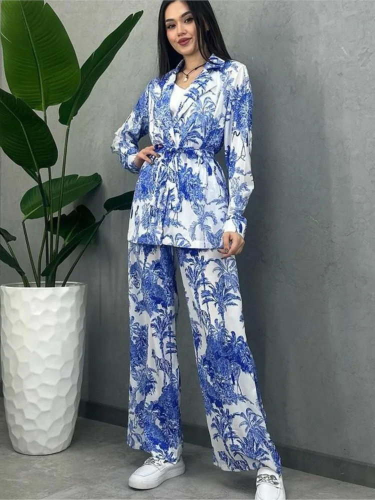 Office Lady Elegant Print Two Piece Pant Sets 2024 Spring Autumn Fashion Lapel Long Sleeve Shirts + Lace Up Wide Leg Pants Set