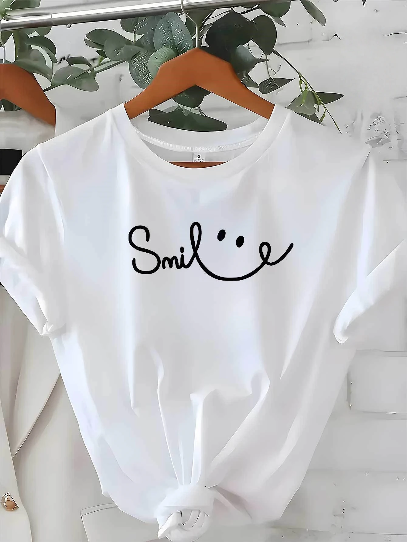 Camicia a maniche corte moda donna vendita calda taglie forti T-shirt stampata con motivo faccina semplice - Adatta per l'uso quotidiano