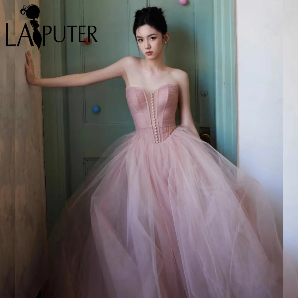 Baby Pink A line Prom Dresses Buttons Off Shoulder Basque Waist Long Tulle Evening Gowns Strapless Ruched Corset Party Dress New