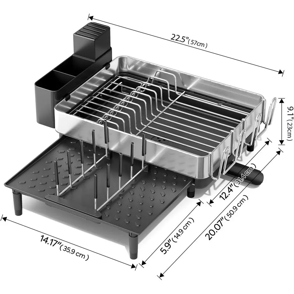 Expandable Dish Drying Rack, Stainless Steel, Large Capacity, Multifunctional Drainboard or Kitchen Countertop, Removable Cutler
