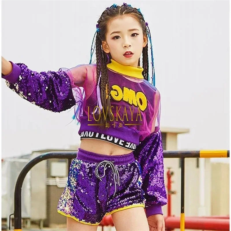 3pcs Set Jazz Dance Costume Children Street Hip hop Dance Stage Sequin Costume for Girls