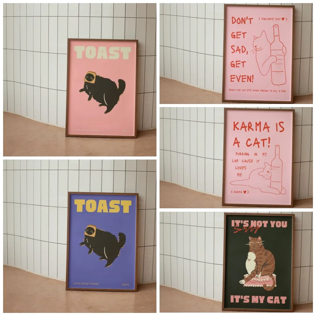 Frameless canvas paintings,Modern Pop Black Cat Wall Art Print Funny Animal Poster Cute Kitten Illustration With Quotes Canvas P