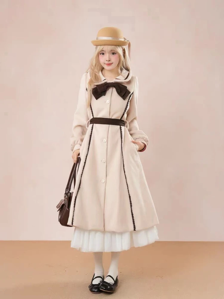 Japanse Zoete Slanke Jas Dames Y2k Mode Preppy Stijl Pop Kraag Boog Jassen Herfst Winter Mode Lange Overjas 2025 Nieuwe