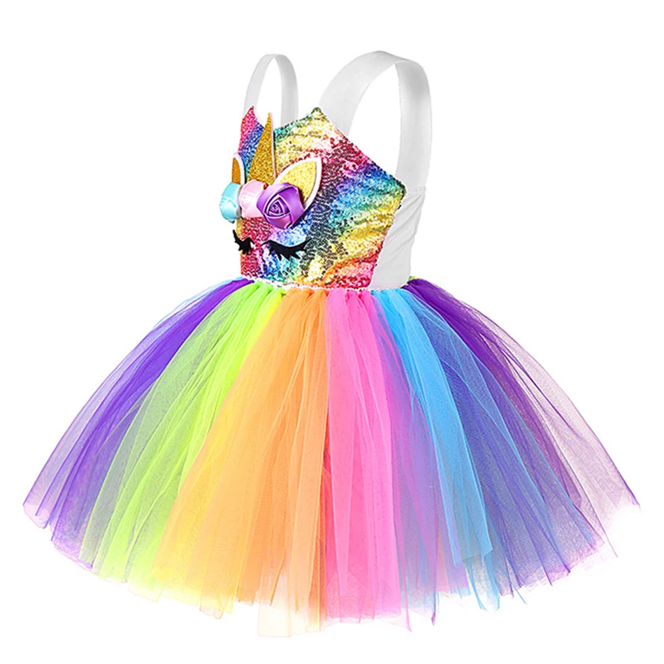 Girls Unicorn TUTU Princess Dress Shiny Children Cartoon Clothes with LED Glowing Wings Headband Stage Halloween Party Costume