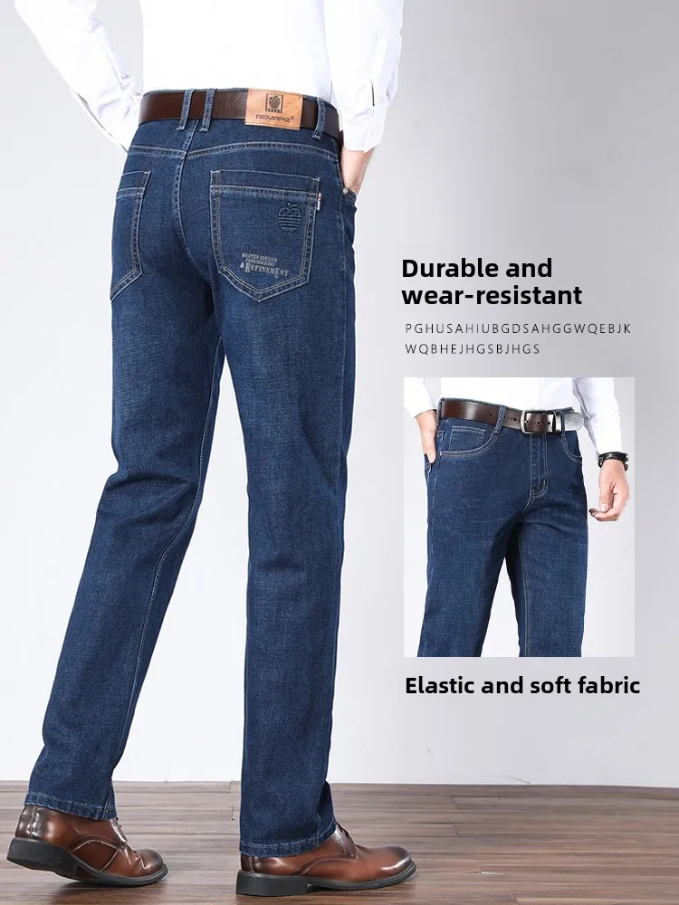 Calças Jeans Masculinas de Perna Reta com Forro de Lã Elástico, Calças Longas Casuais ssas de Aodão com Cintura Alta par...