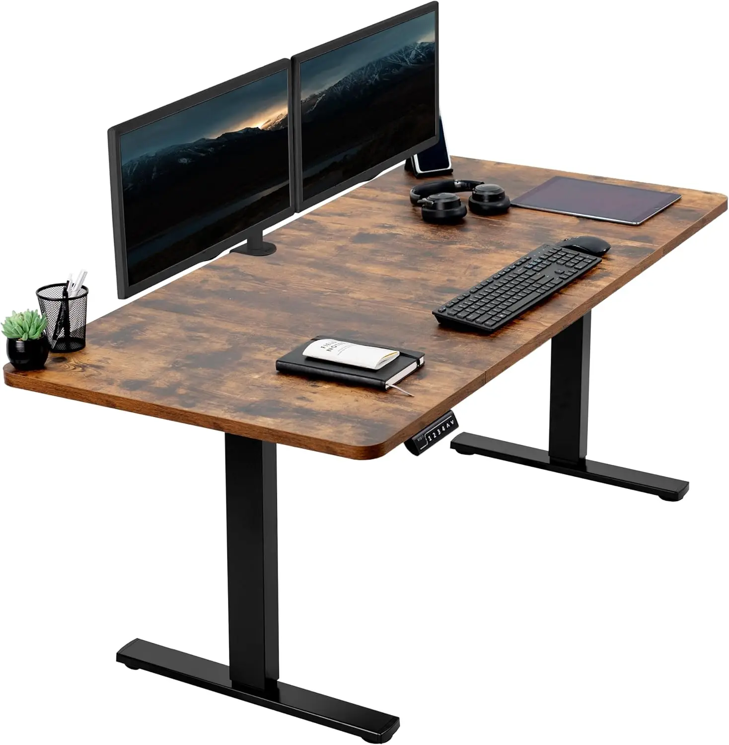 Electric 60 x 30 inch country standing desk workstation, memory controller height adjustment, vintage brown top black frame