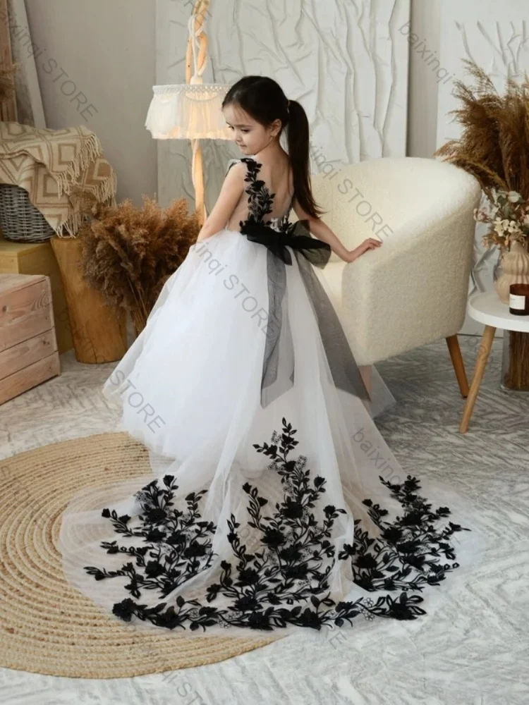 

White Flower Girl Dress Tulle Appliques Kids Princess Bespoke Elegant Birthday Prom Communion Formal Occasion Wedding Party Gown