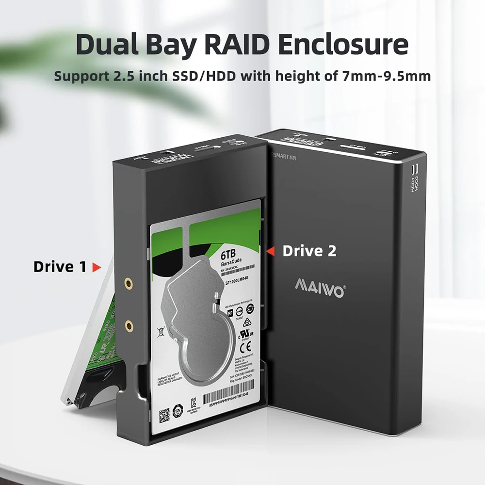 MAIWO 듀얼 베이 외장 하드 드라이브 박스 RAID 인클로저, 2.5 인치 SATA I II III HDD SSD RAID 0/1/LARGE/PM 6Gbps 지지대 UASP