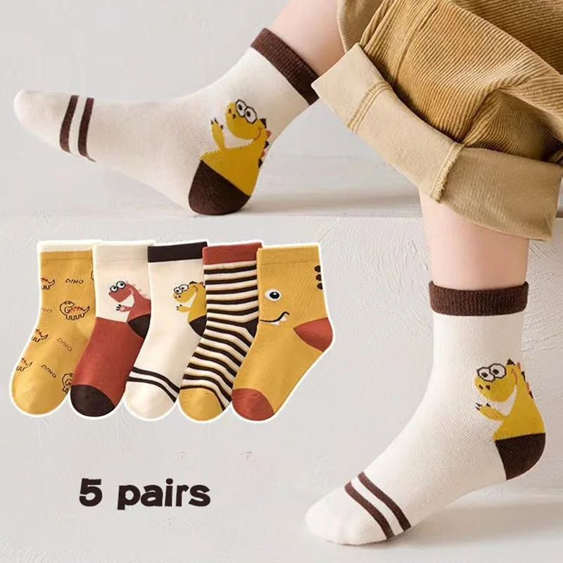 5Pairs Autumn Winter Children Socks Cute Dinosaur Kids Mid Tube Sock 1-6year Baby Cotton Socks Warm Footwear Clothes Accessories