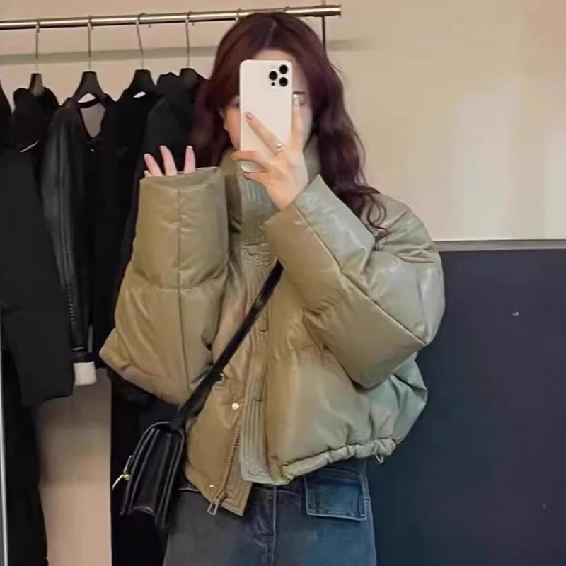 

Кожаная зимняя куртка-пуховик, женская уличная одежда, теплые пуховые хлопковые парки с воротником-стойкой, женское ветрозащитное пальто на молнии с длинными рукавами