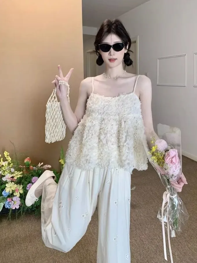 Delicate Floral Short Top Ruffle Sleeveless Sweet Girl's Vest Beautiful Dollish Style Backless Lace Composite Breeze Gentle
