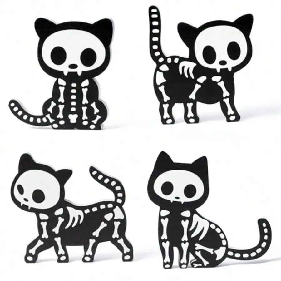 Halloween Skeleton Cat Wooden Table Topper Spooky Centerpieces Smooth Wood Material Unique Halloween Decor Freestanding Table Display For Year-Round Goth Party Decor Cat Lover Gifts