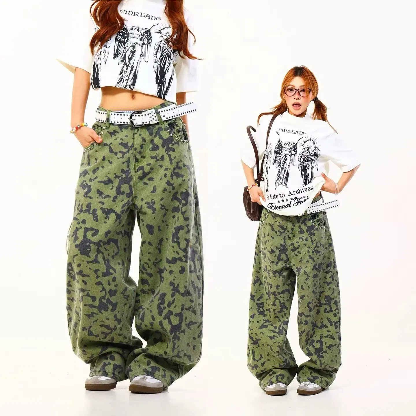 American Retro Camouflage rivet Wide Leg Casual Pants For Women Loose Washed Casual Wide Leg Denim Pants