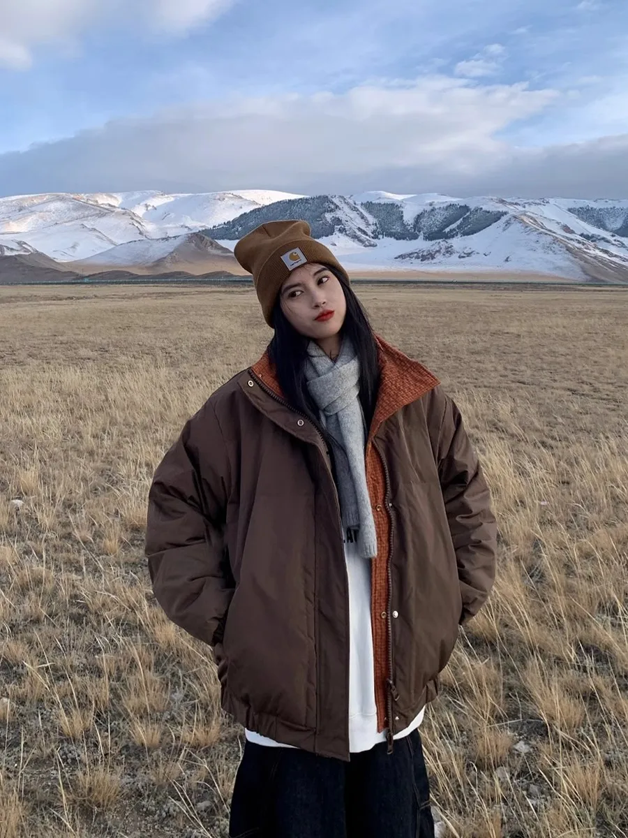 

Зимняя утепленная хлопковая куртка-пальто двусторонняя, свободного кроя, с воротником-стойкой, уличный стиль, для мужчин и пар