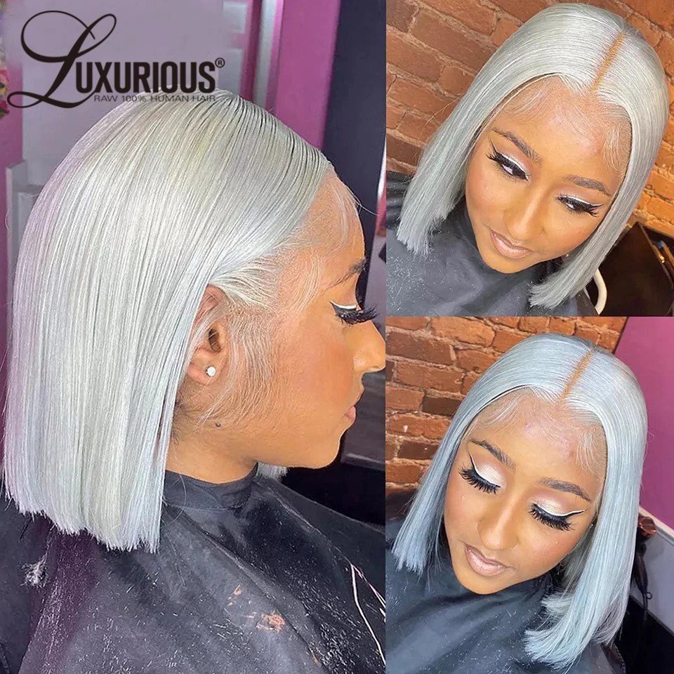 Silver Grey Short Bob Glueless Wigs 200 Density Remy Human Hair Transparent Platinum Blonde Color 13x4 Lace Front Wig Pixie Cut