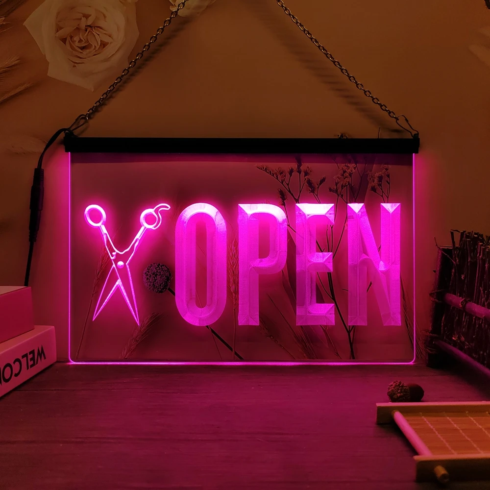 OPEN Scissor Barber Shop Hair LED Neon Sign-3D Carving Wall Art for Home,Room,Bedroom,Office,Farmhouse Decor