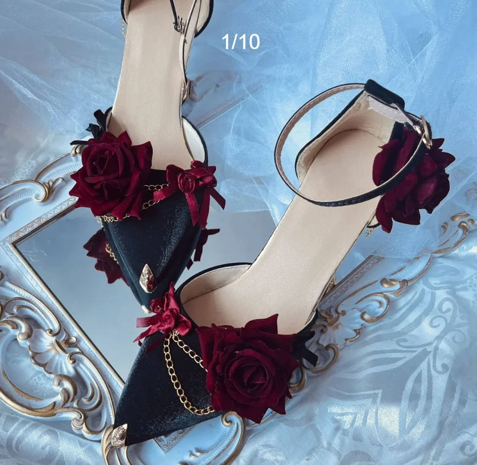 Black Red Gothic Lolita Shoe Wedding Lolita High Heels For Ladies Rose pointed toe dress shoes for womenluxury shoes sss grade