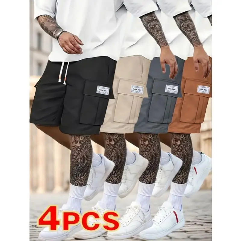 

4pcs Casual Cargo orts Loose F Dstring Waist Men's Faion Vintage Sle Ciwalk orts Nine Points Length Polyester