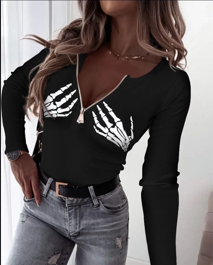 Halloween Skeleton Print Zip Front Ribbed Top for Women Youthful Woman Clothes Tee Women's Clothing Casual Skinny T-Shirt