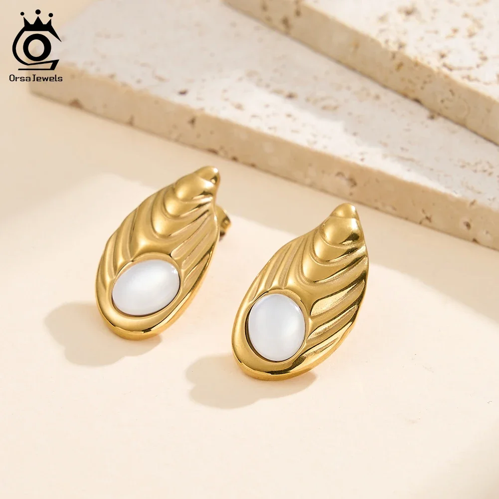 ORSA JEWELS Stainless Steel Big Leaves Earrings for Women Irregular Exaggerate Leaves Earrings Vintage Party Jewelry Gift STME03