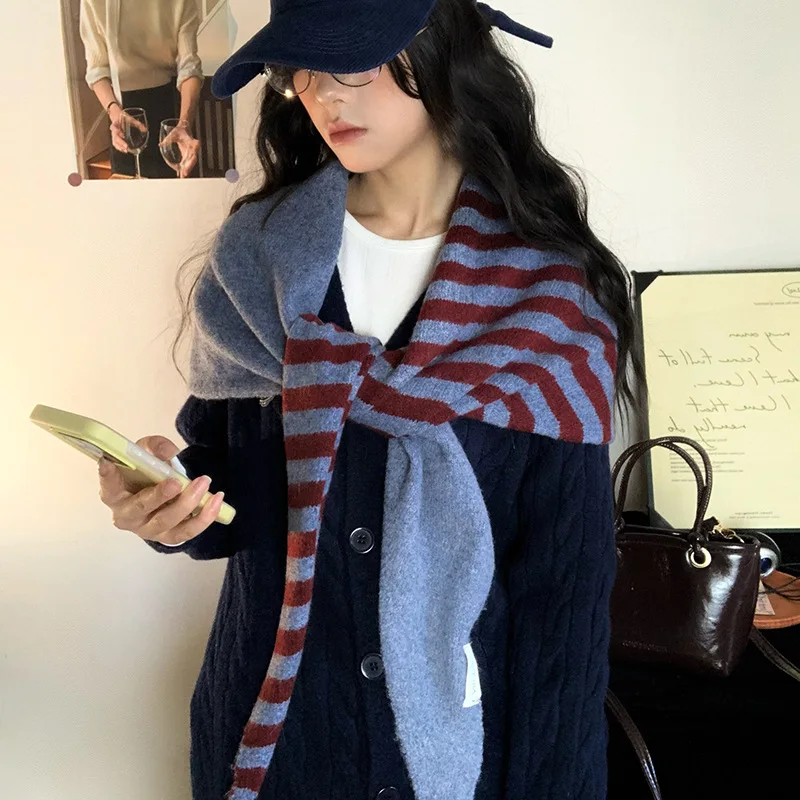 محبوك 2025 الخريف/الشتاء جديد مخطط مثلث وشاح دافئ محبوك حماية الرقبة شال #1