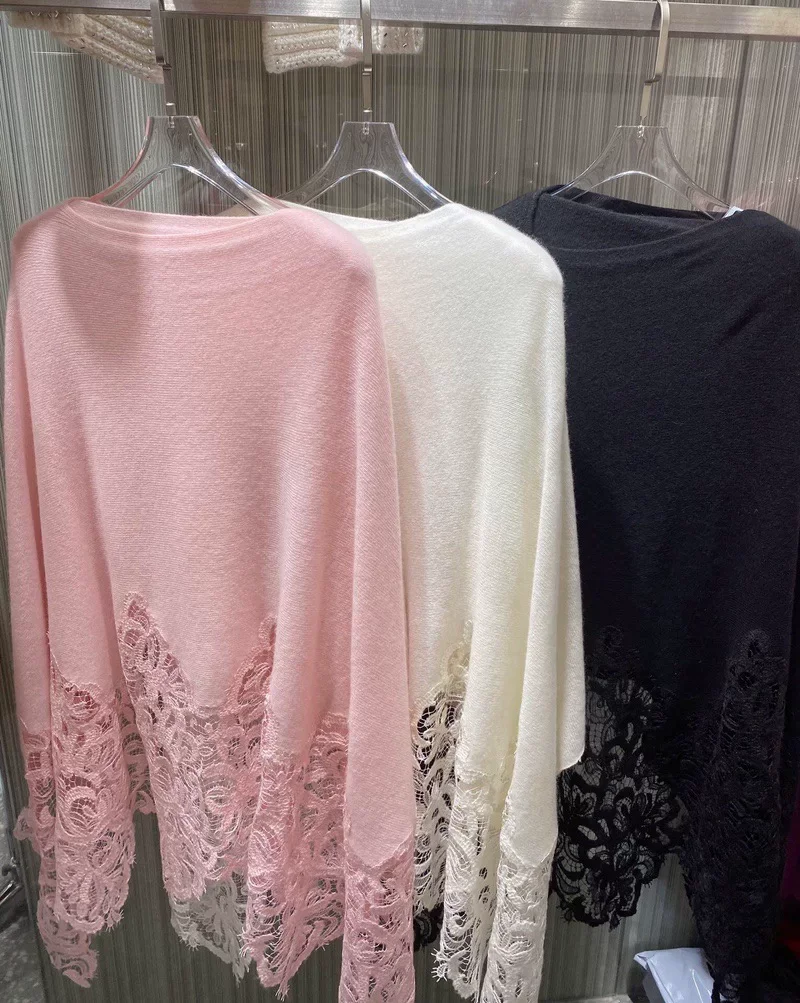 Luxury Pure Cashmere Eyelash Lace Cape Elegant Black White Pink Knitted Shawl Wrap Evening Poncho Coat