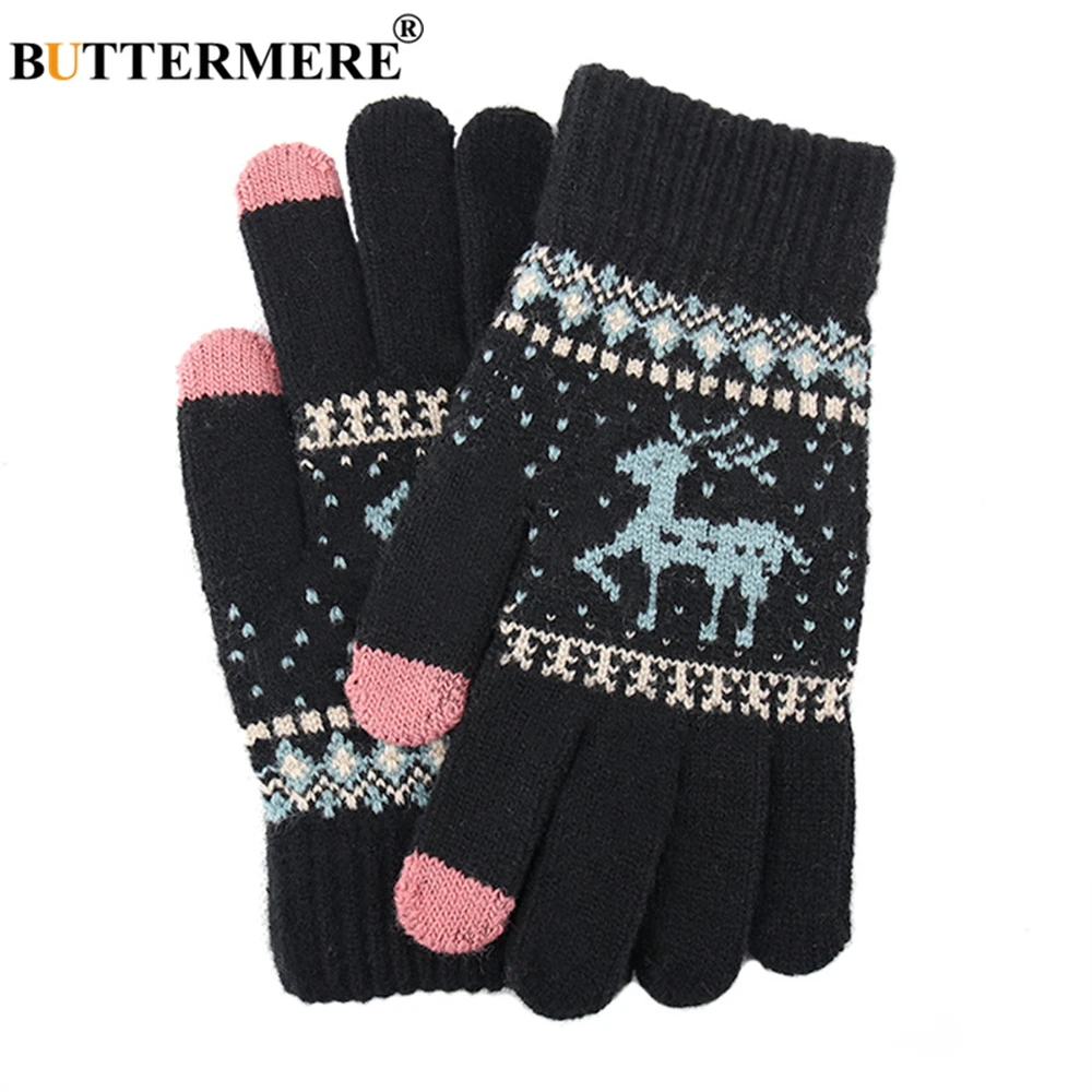 BUTTERMERE Knitting White Gloves Women Men Touch Screen Deer Pattern Christmas Warm Male Female Glove Fashion Guantes