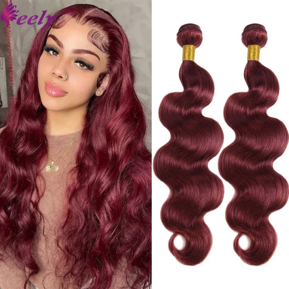 Red Human Hair Bundles Body Wave Brazilian Real Human Hair Extensions 20 22 24 Inches Wine Red Color #99J For Woman 1/3 Bundles