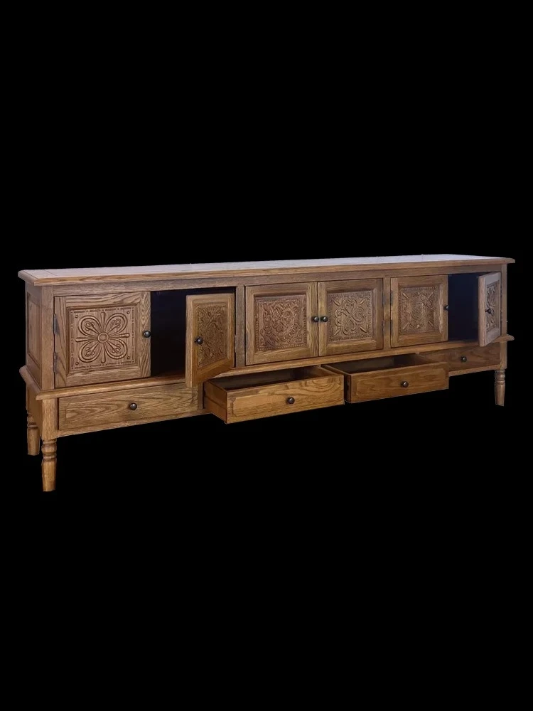 

Wood Carved TV Cabinet Unit Vintage Oak Low Cabinet Living Room Storage Long Floor Cabinet
