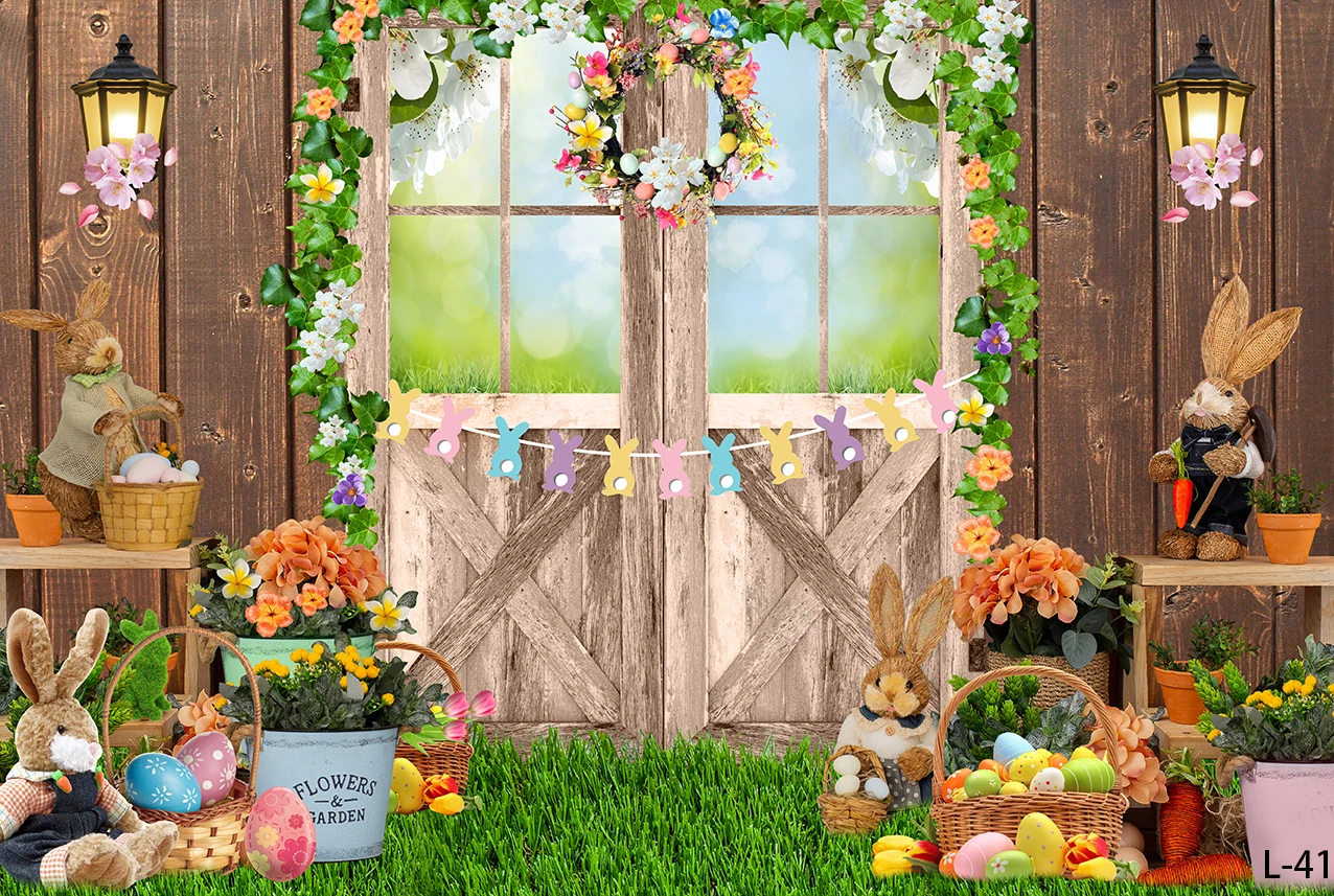 خلفية عيد الفصح، كارتون خشبي كوخ الطوب الملمس الطابق التصوير خلفية بيض زهر الكرز خلفية الأرانب لطيف