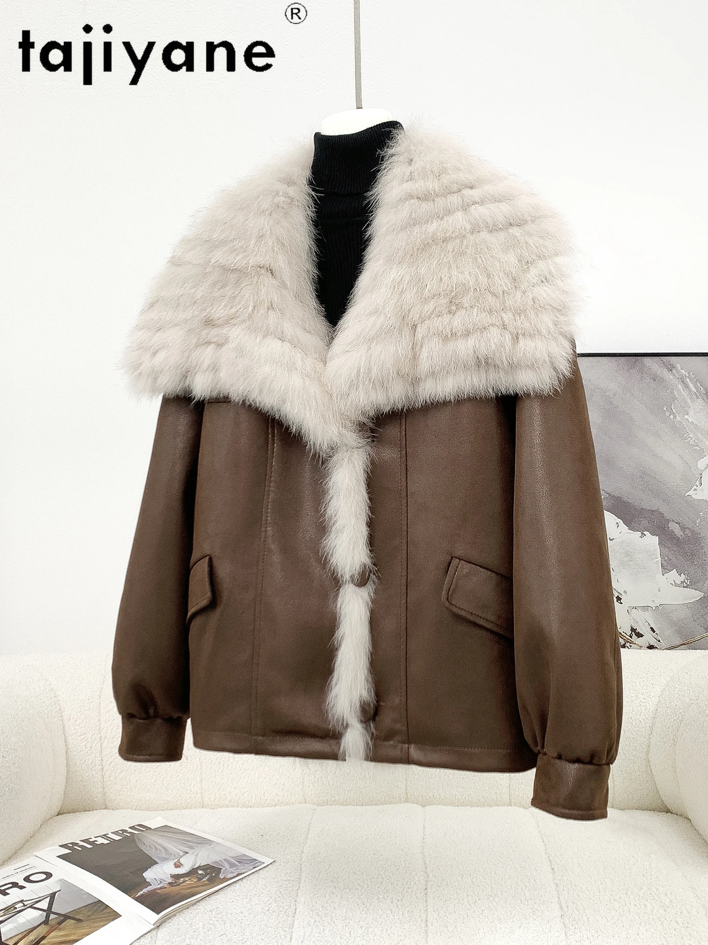 TAJIYANE أوزة أسفل معاطف النساء شيك الثعلب الفراء طوق سترات من جلد الغزال قسط الإناث ملابس خارجية الشتاء ملابس امرأة 2025 ropa mujer