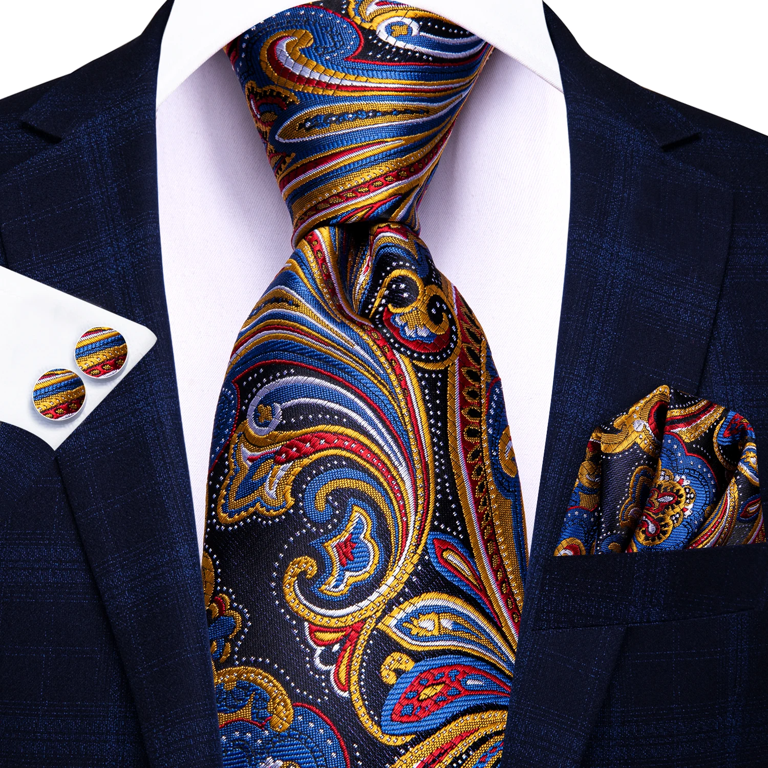Fashion Jacquard Men Tie Pocket Square Cufflinks Set Woven Colorful Floral Waves Necktie For Wedding Business Party Accessories