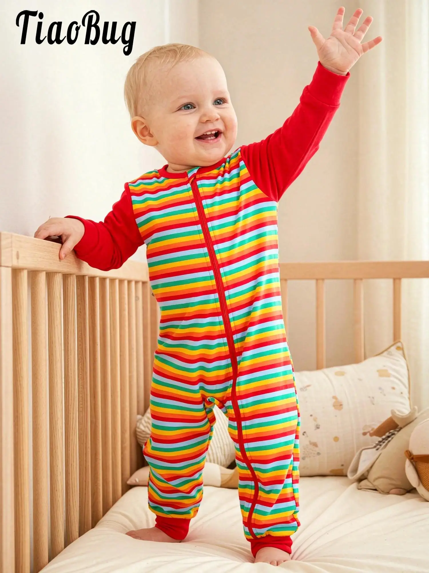 Baby Toddler Boys Girls Adaptive Clothing Striped Jumpsuit Long Sleeve Zipper Front Bodysuit for Outdoor Play Home Park Hospital