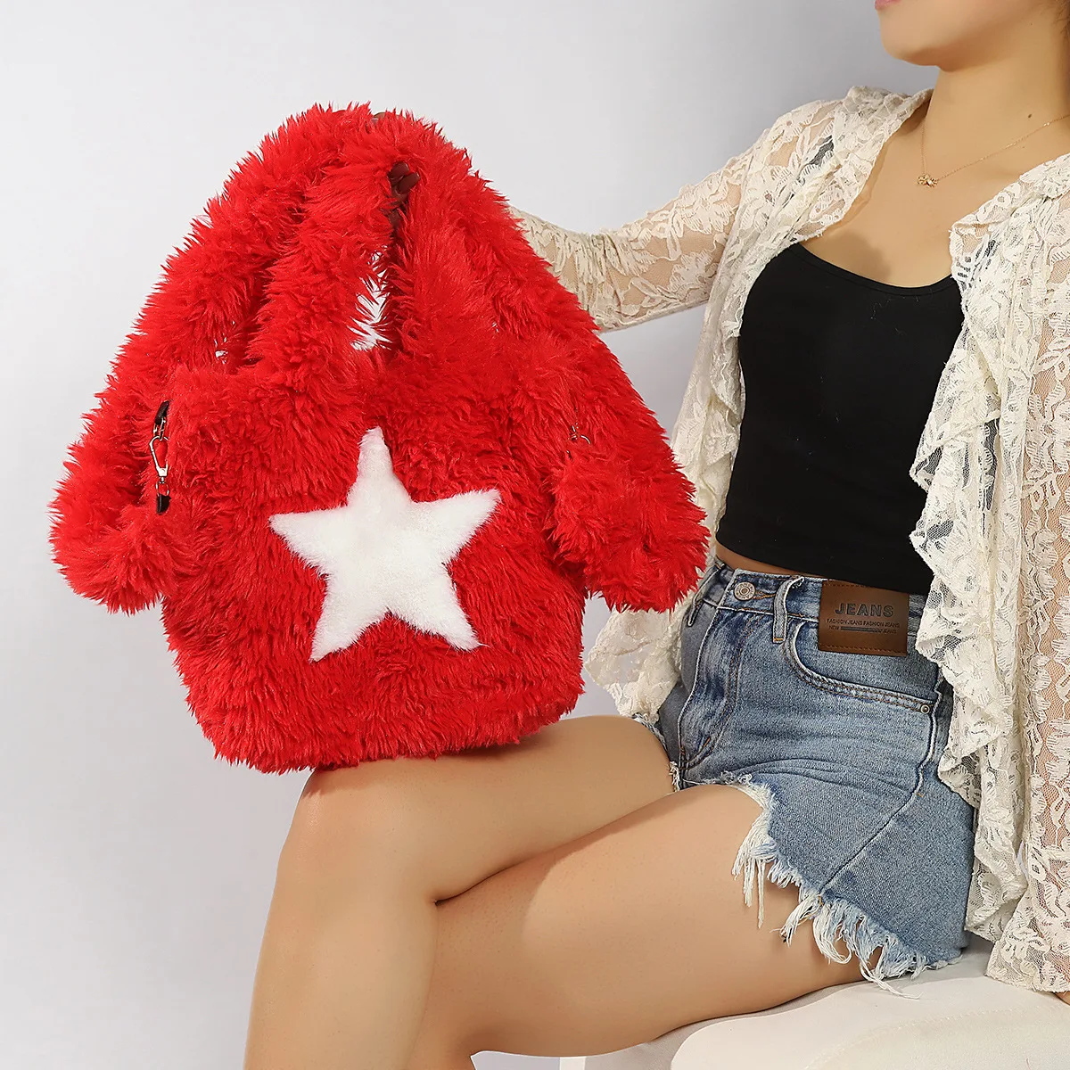 Y2K Fluffy Faux Fur Star Handbag, Women Large Furry Plush Tote Bag, Cute Pentagram Shoulder Purse Multi Colors