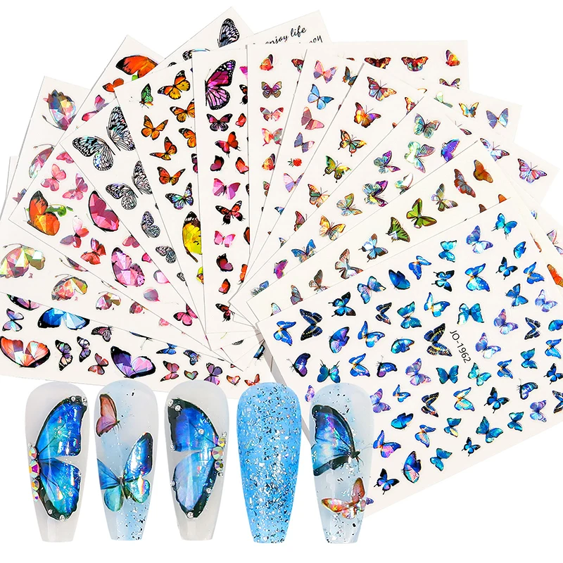 

6sheet/set 3D Laser Butterfly Stickers For Nails DIY Gilding Slider Wraps Adheisve Nail Art Stickers Decals Manicure Charms