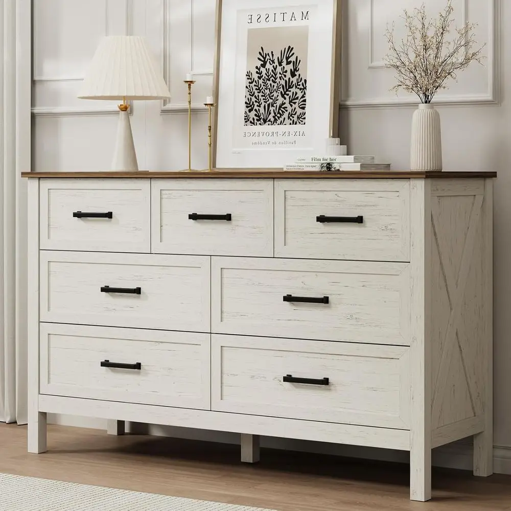 Rustic Wide Chest with Deep Drawers and Metal Handles, Ideal for Bedroom, Entryway, or Hallway, Antique White