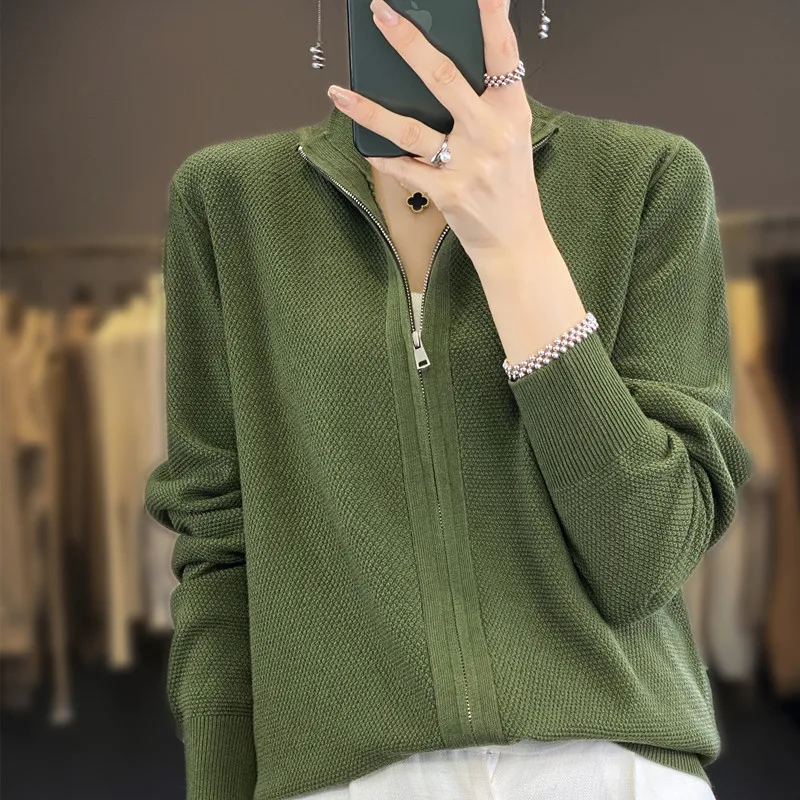 100% Merino Cardigan Women 2024 Autumn/Winter New Fashion Women\'s Stand Collar Double Zip Sweater Pineapple Pin Sweater