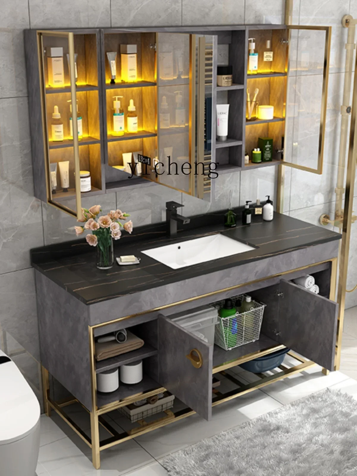 ZF stainless steel bathroom cabinet combination light luxury washbasin rock slab washbasin intelligent human body