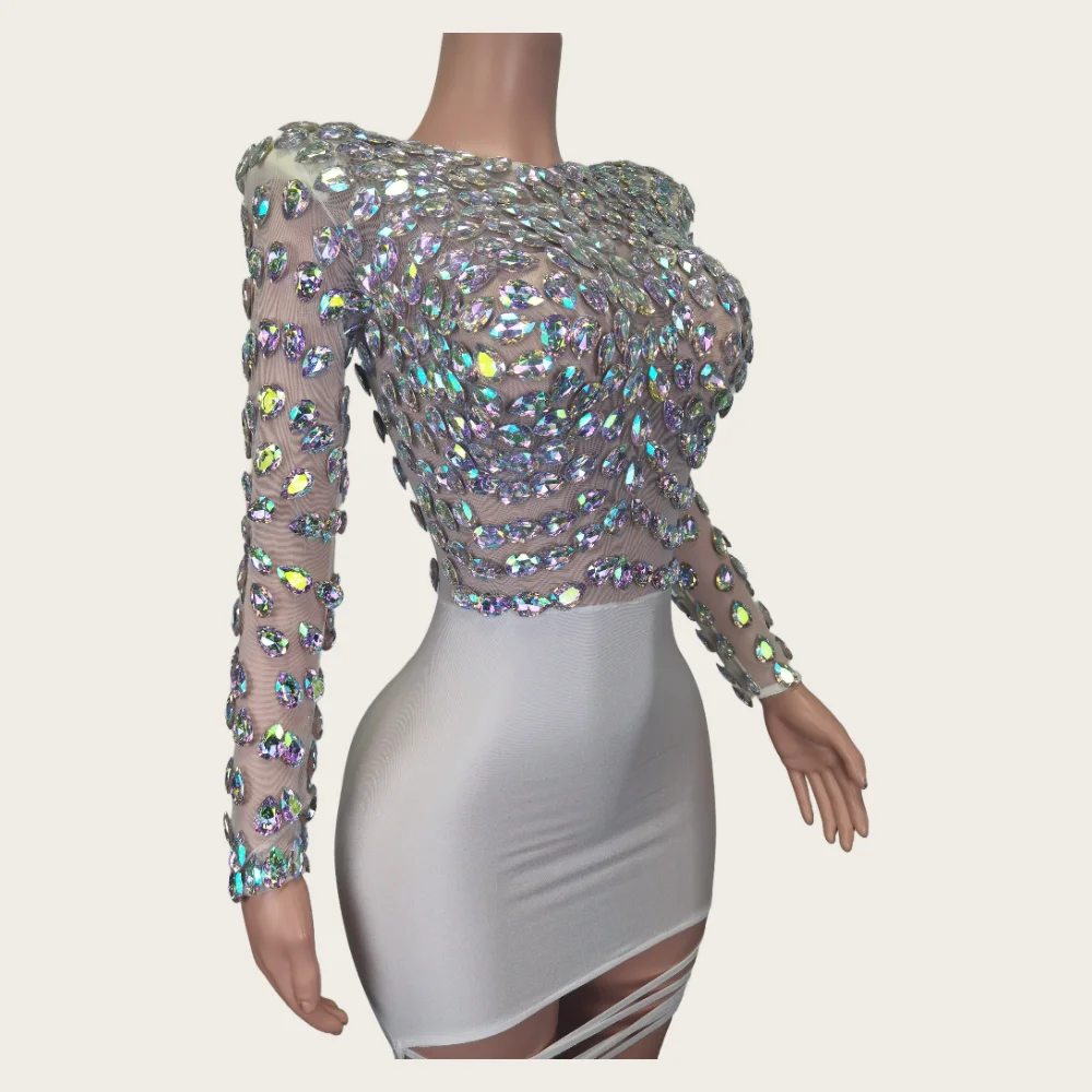 Fashion Long Sleeves White Crystal Rhinestone Hip Wrapped Night Gown Sexy Casual Elegant Women Club Prom Party Dress Stage Wear