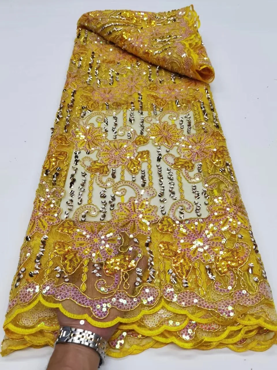 

Yellow African Sequins Lace Fabric 2022 High Quality French Nigerian Groom Lace Fabric For Sewing Dress Wedding Party LDP22136
