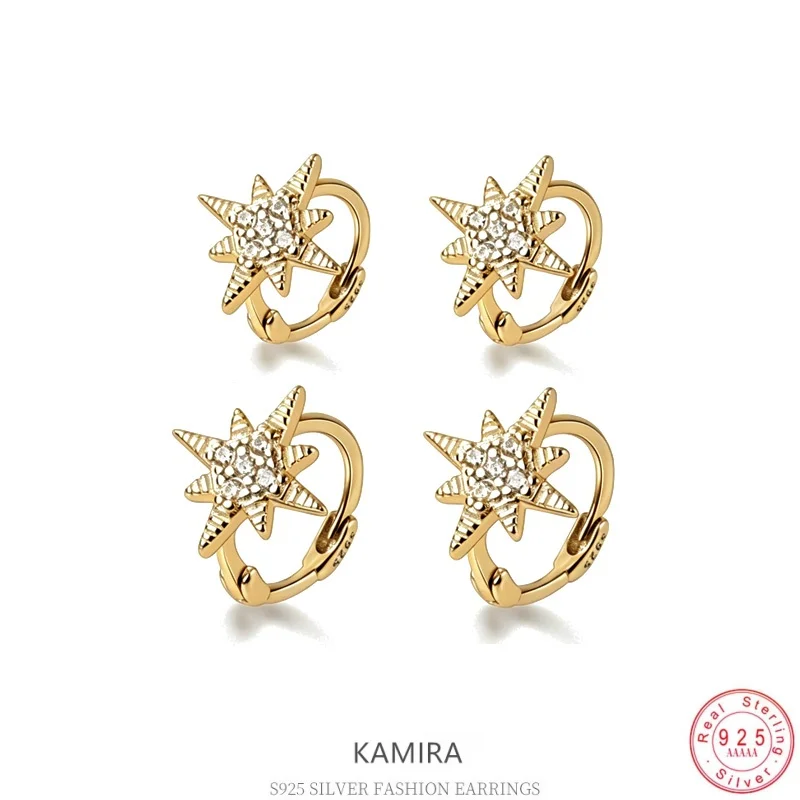 KAMIRA 925 Sterling Silver Eight Pointed Star Huggie Hoop Earrings Zircon Star Hoops Dainty Celestial Jewelry for Women