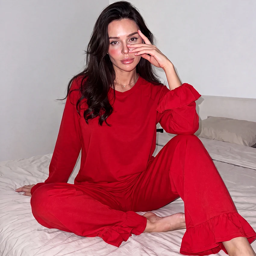 HiLoc Red Fashion Ruffled Knitted Elastic Women'S Pajamas 2 Piece Long-Sleeved Round Neck Shirt Elastic Waist Full Length Pants