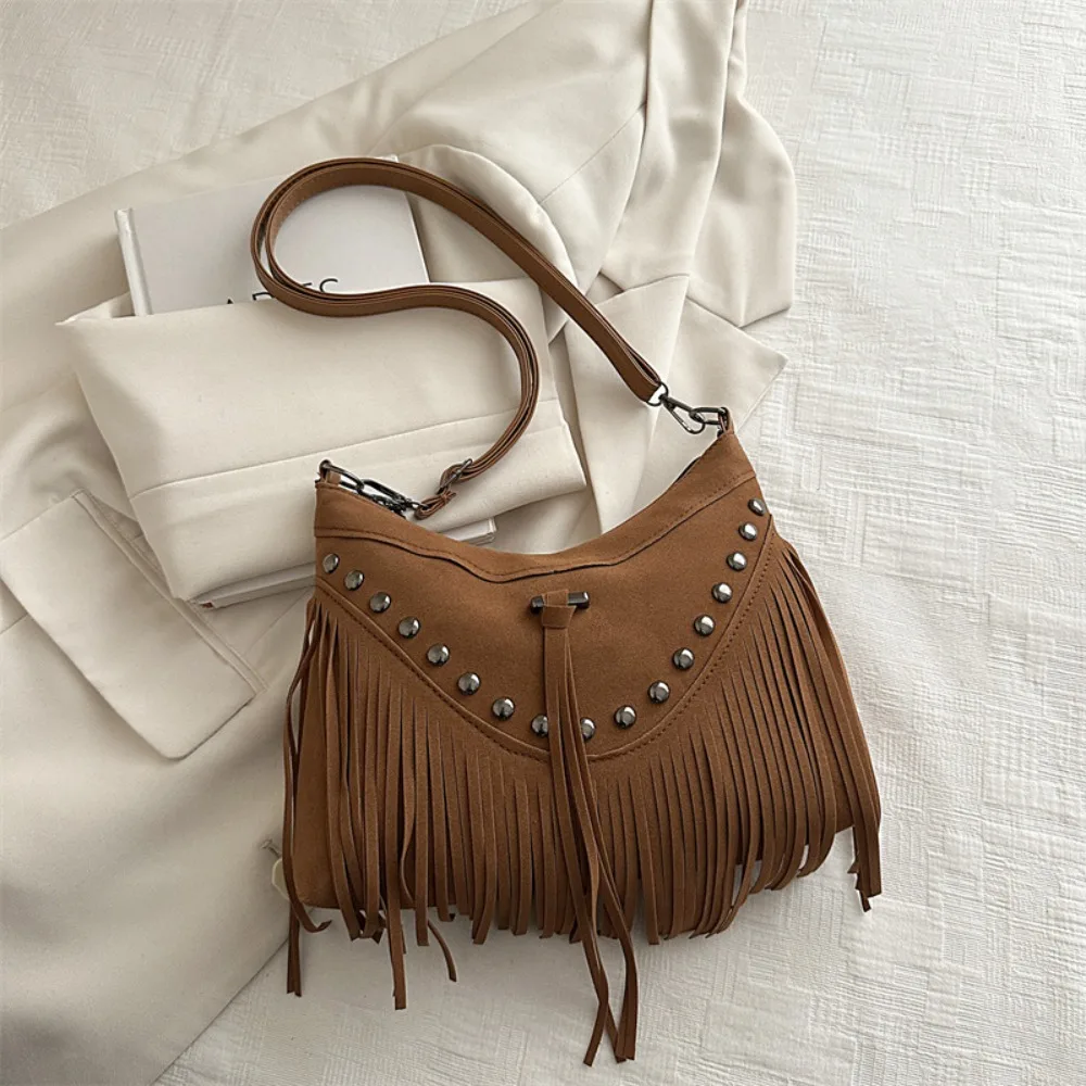 

Korean Tassel Shoulder Bag Rivet Bohemian Style Suede Crossbody Bag Large Capacity Vintage Ethnic Style Handbag Office Worker